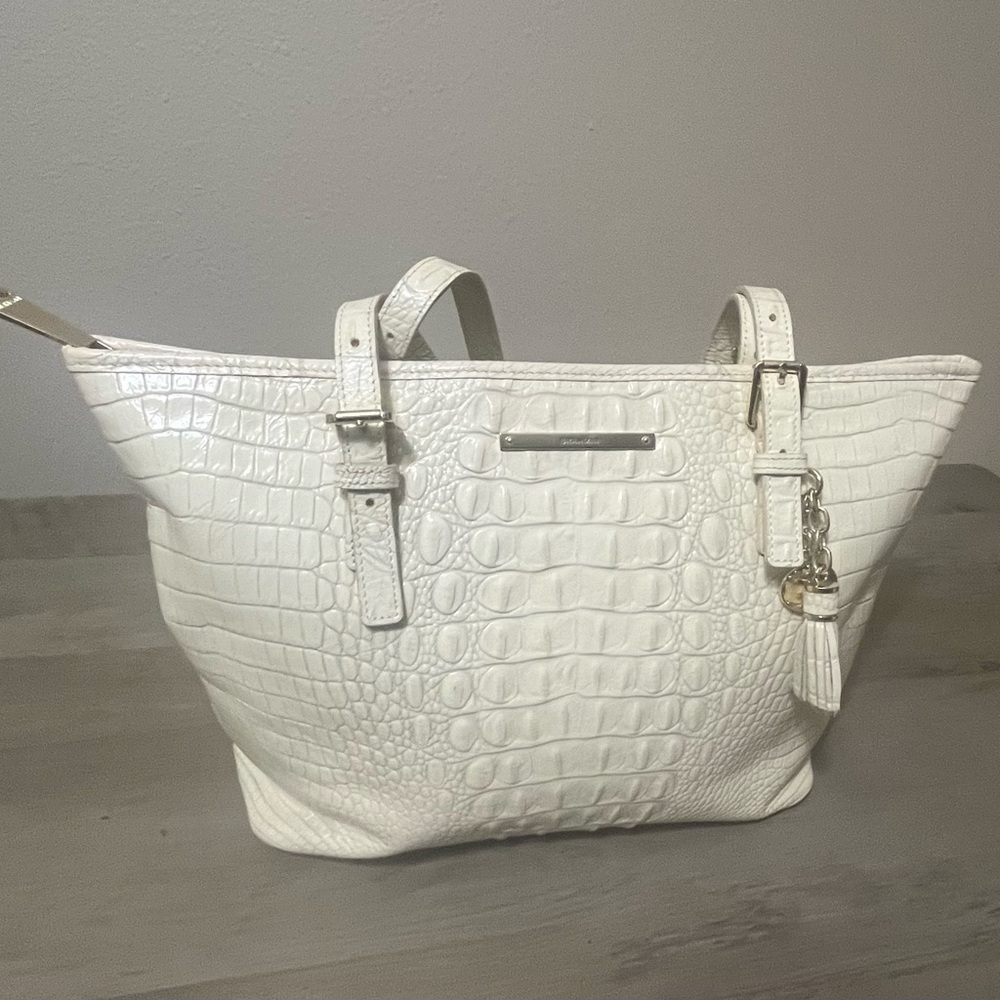 White Croc-Embossed Leather Tote Bag